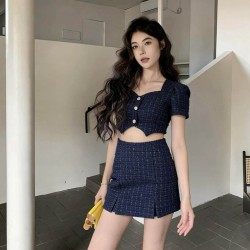 别致小香风上衣+高腰A字裤裙套装